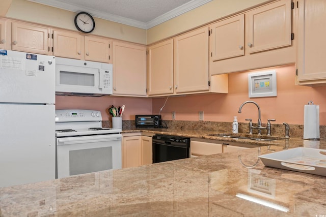 kitchen featuring sink, light stone countertops, a textured ceiling, white appliances, and crown molding