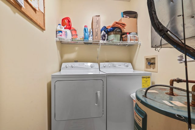 laundry area with electric water heater and washer and dryer