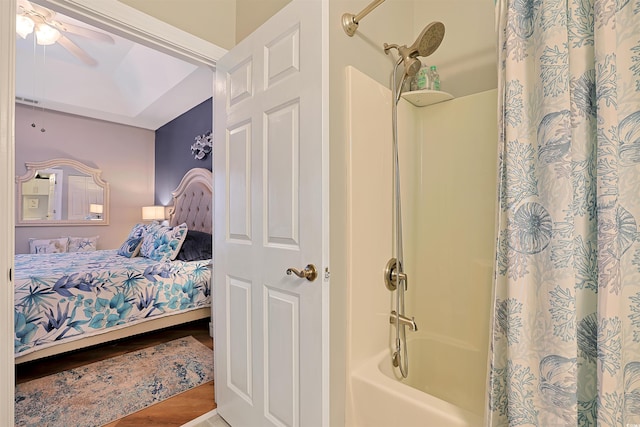 bedroom featuring hardwood / wood-style floors and ceiling fan