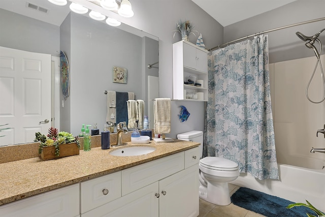 full bathroom with vanity, tile patterned floors, shower / bathtub combination with curtain, and toilet