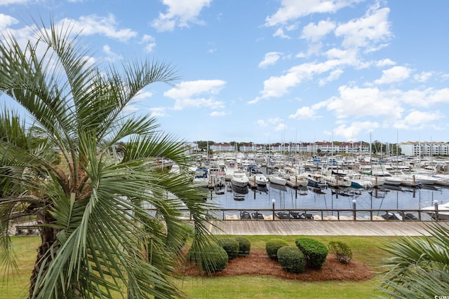 view of dock with a water view