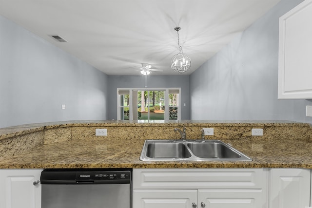 kitchen with white cabinetry, hanging light fixtures, sink, stainless steel dishwasher, and a chandelier