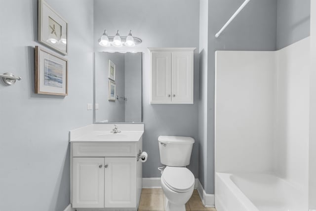 full bathroom featuring toilet, shower / washtub combination, vanity, and tile patterned floors