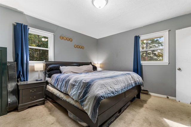 bedroom featuring multiple windows and light carpet