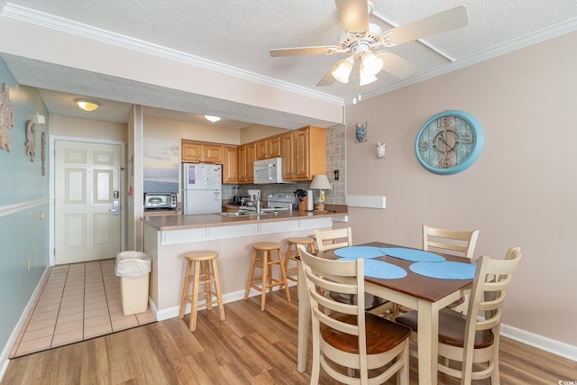 dining area featuring crown molding, light hardwood / wood-style floors, a textured ceiling, and ceiling fan