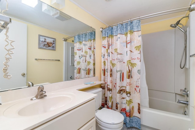 full bathroom featuring toilet, vanity, shower / bath combination with curtain, and tile patterned floors