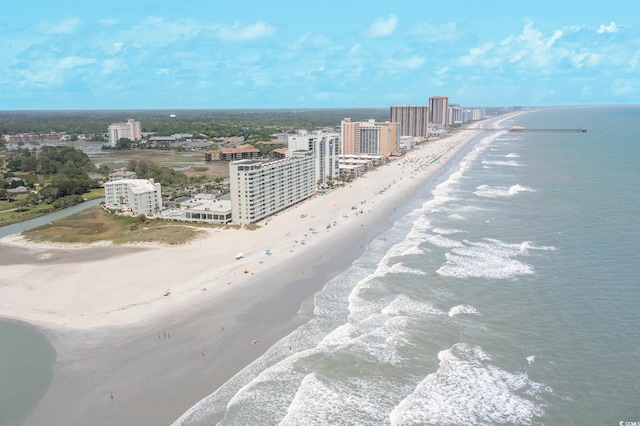 bird's eye view featuring a view of the beach and a water view