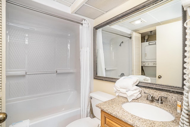 5308 N Ocean Blvd Unit 1014, Myrtle Beach, SC 29577 - bathroom with stacked washer / drying machine, shower / bathtub combination with curtain, vanity, and toilet