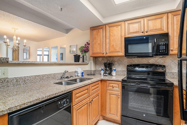 5308 N Ocean Blvd Unit 1014, Myrtle Beach, SC 29577 - kitchen with black appliances, a sink, light stone countertops, decorative backsplash, and a chandelier