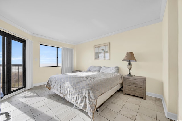 tiled bedroom featuring ornamental molding