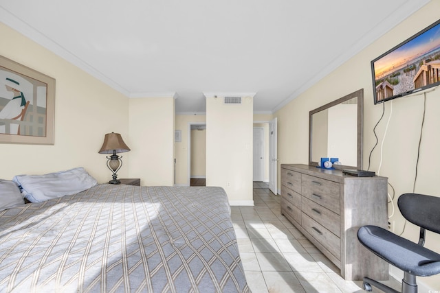 bedroom featuring light tile patterned floors and crown molding