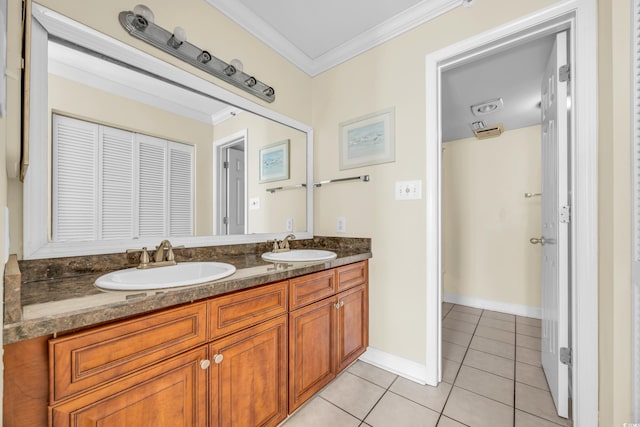 bathroom with vanity, tile patterned floors, and ornamental molding