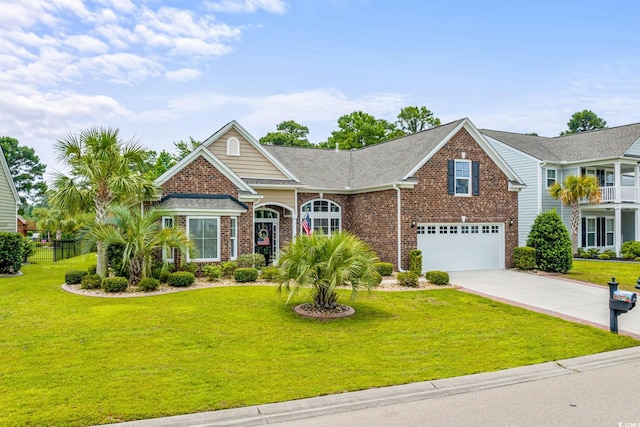 view of front of home featuring a front yard and a garage