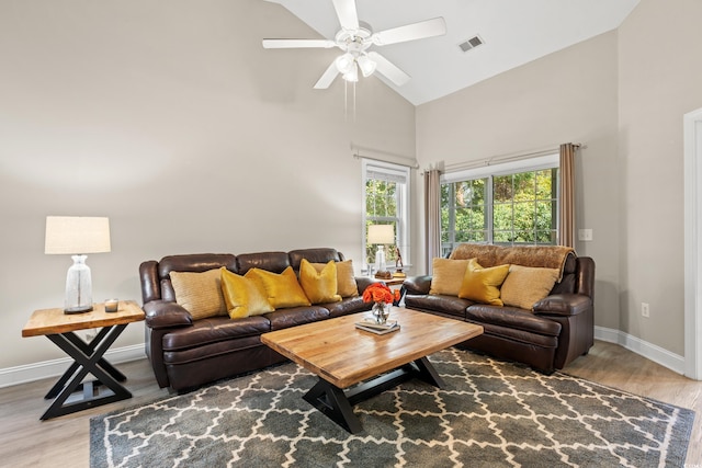 living area featuring high vaulted ceiling, baseboards, visible vents, and wood finished floors