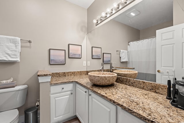 bathroom featuring toilet, a shower with shower curtain, and vanity