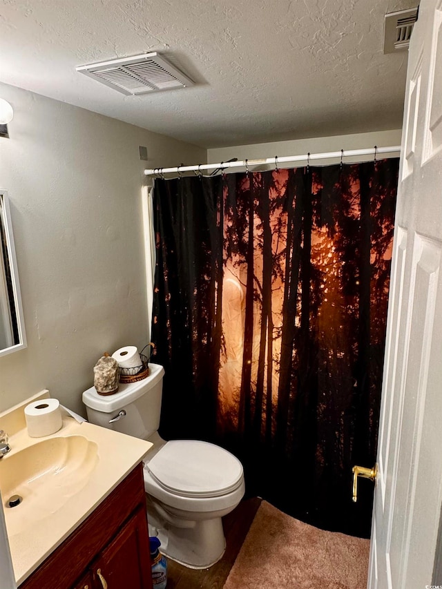 bathroom featuring vanity, a textured ceiling, and toilet