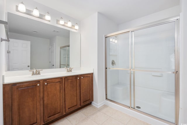 bathroom with vanity, tile patterned flooring, and a shower with door