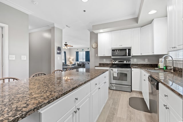 kitchen with light wood-style flooring, ornamental molding, stainless steel appliances, and a sink