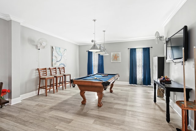 recreation room with baseboards, pool table, wood finished floors, and crown molding