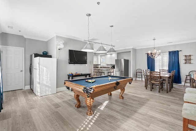 rec room featuring light wood-type flooring, crown molding, baseboards, and billiards