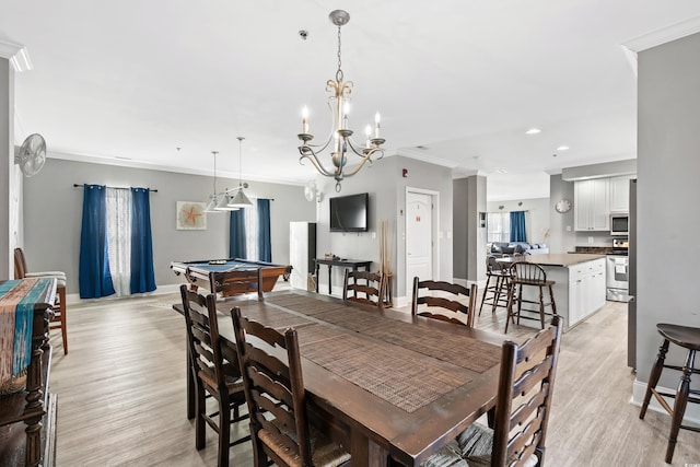 dining area with baseboards, pool table, light wood finished floors, and crown molding