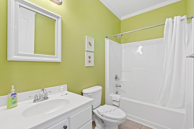 bathroom with toilet, ornamental molding, tile patterned flooring, shower / bath combo with shower curtain, and vanity