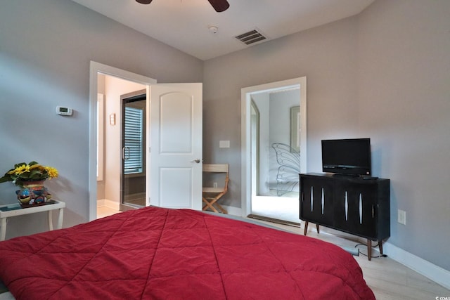 bedroom featuring connected bathroom and ceiling fan