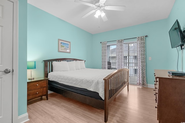 bedroom featuring ceiling fan and light hardwood / wood-style flooring