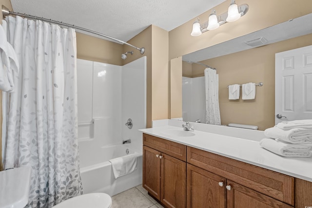 full bathroom with toilet, tile patterned flooring, a textured ceiling, vanity, and shower / bathtub combination with curtain