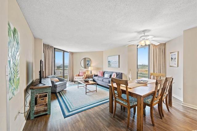 dining space with ceiling fan, expansive windows, wood-type flooring, and a textured ceiling