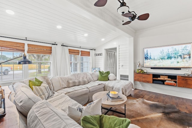 living room with lofted ceiling with beams, crown molding, wood ceiling, hardwood / wood-style flooring, and ceiling fan