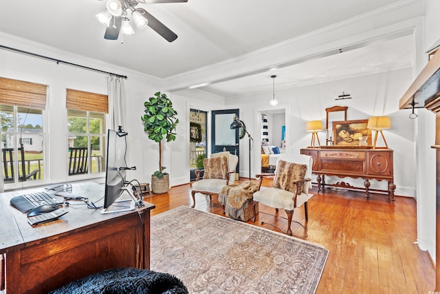 office with ceiling fan, light wood-type flooring, and ornamental molding