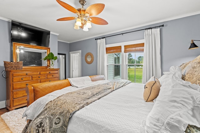 bedroom with access to outside, ceiling fan, and ornamental molding