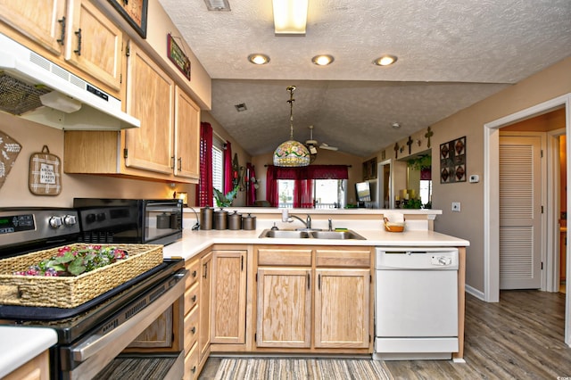 kitchen with electric range, sink, kitchen peninsula, white dishwasher, and lofted ceiling