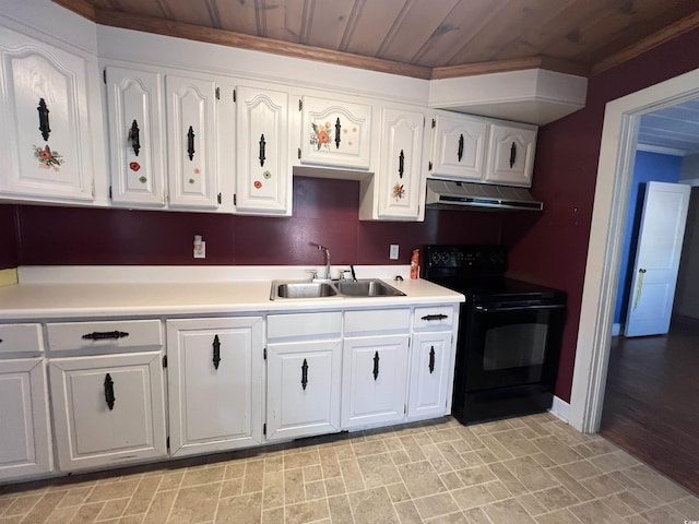 kitchen featuring under cabinet range hood, black / electric stove, white cabinets, and a sink