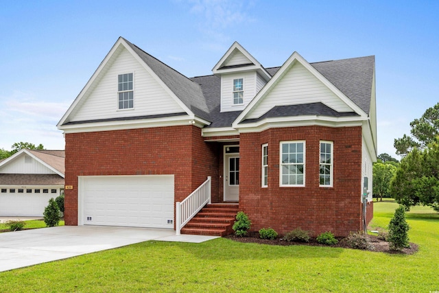 428 Meadow View Ct, Longs, SC 29568 - traditional-style house with brick siding, a front yard, an attached garage, driveway, and a shingled roof