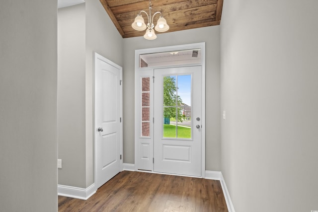 428 Meadow View Ct, Longs, SC 29568 - foyer entrance featuring a chandelier, baseboards, dark wood finished floors, and wood ceiling