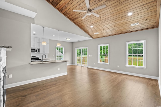 428 Meadow View Ct, Longs, SC 29568 - unfurnished living room featuring wooden ceiling, baseboards, dark wood-style flooring, recessed lighting, and a sink