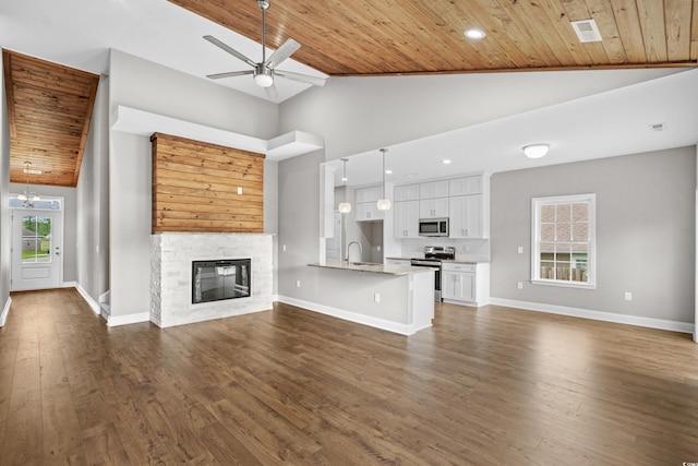 428 Meadow View Ct, Longs, SC 29568 - unfurnished living room featuring wooden ceiling, a sink, a stone fireplace, a ceiling fan, and dark wood-style flooring
