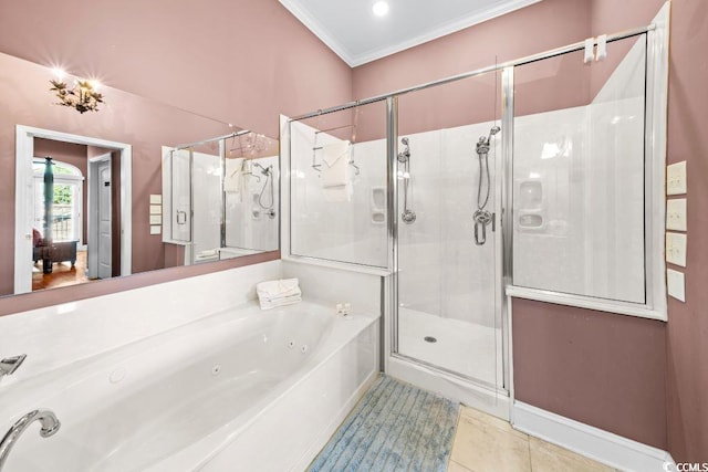 bathroom featuring shower with separate bathtub, tile patterned floors, and ornamental molding