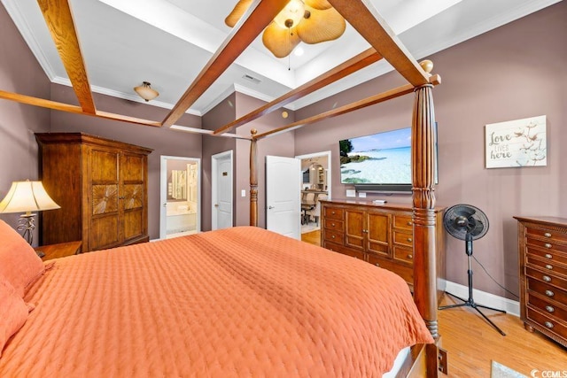 bedroom with ensuite bathroom, ornamental molding, ceiling fan, beamed ceiling, and light hardwood / wood-style floors