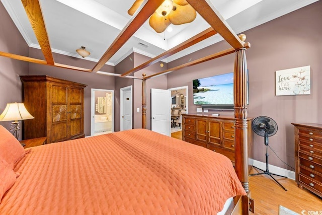 304 76th Ave N Unit D, Myrtle Beach, SC 29572 - bedroom featuring wood finished floors, baseboards, ensuite bath, a ceiling fan, and beam ceiling