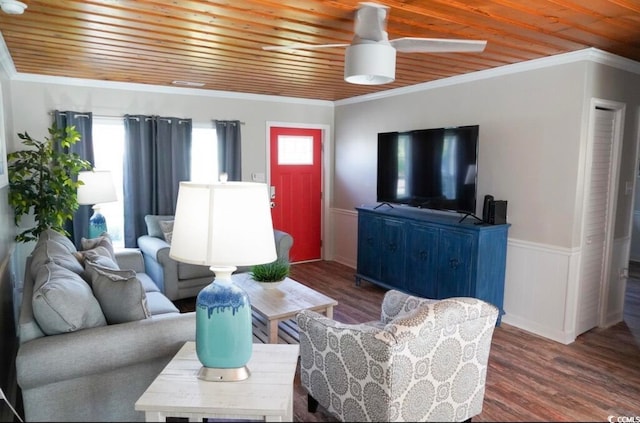 living room featuring wood-type flooring, wooden ceiling, and a healthy amount of sunlight