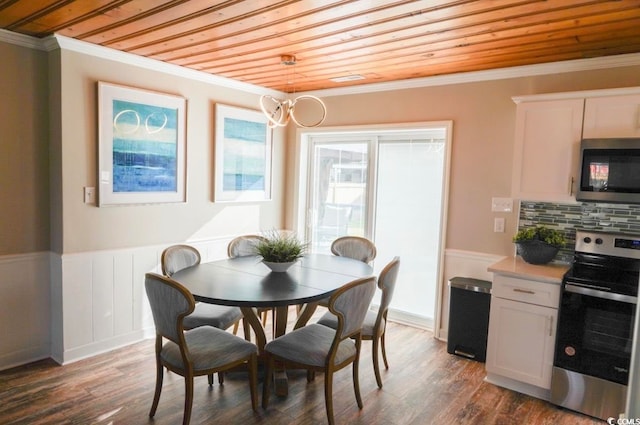 dining room with dark hardwood / wood-style flooring, wooden ceiling, and crown molding