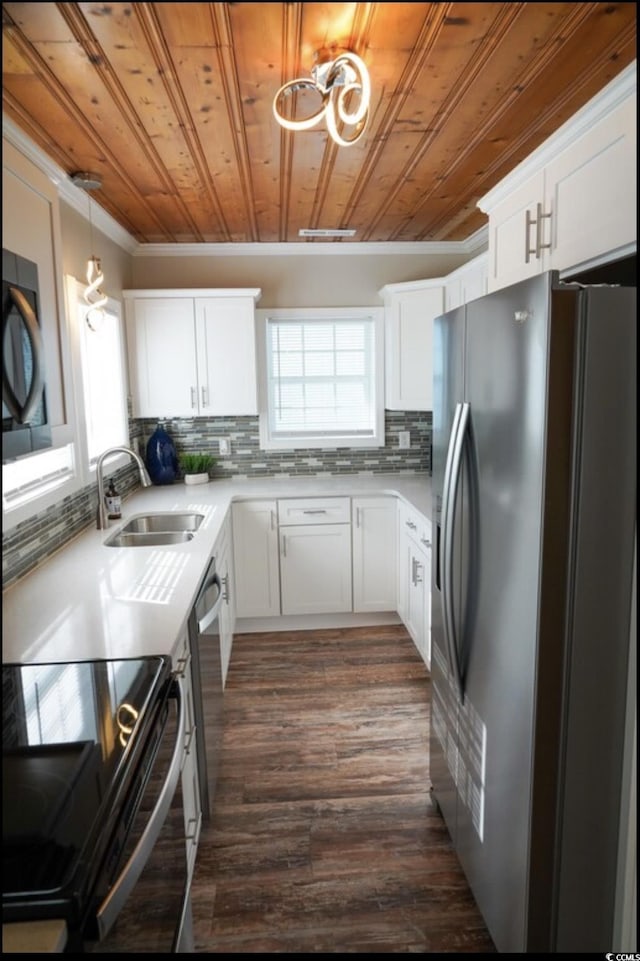 309 21st Ave N, North Myrtle Beach, SC 29582 - kitchen with stainless steel appliances, a sink, tasteful backsplash, wooden ceiling, and light countertops