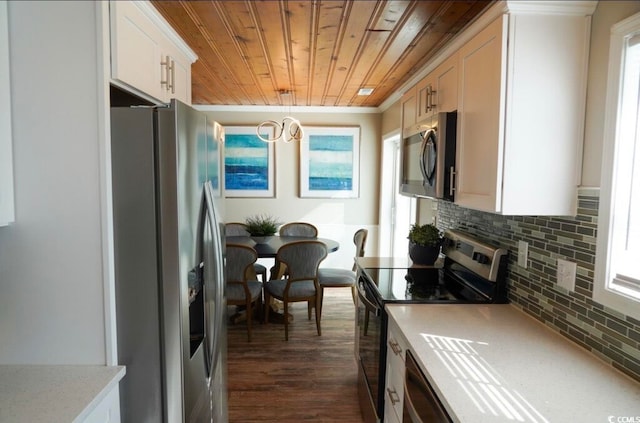 kitchen featuring wooden ceiling, appliances with stainless steel finishes, decorative light fixtures, white cabinets, and dark wood-type flooring