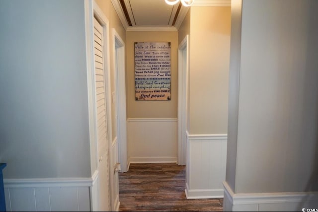 309 21st Ave N, North Myrtle Beach, SC 29582 - hall featuring wainscoting, dark wood-style flooring, attic access, and ornamental molding