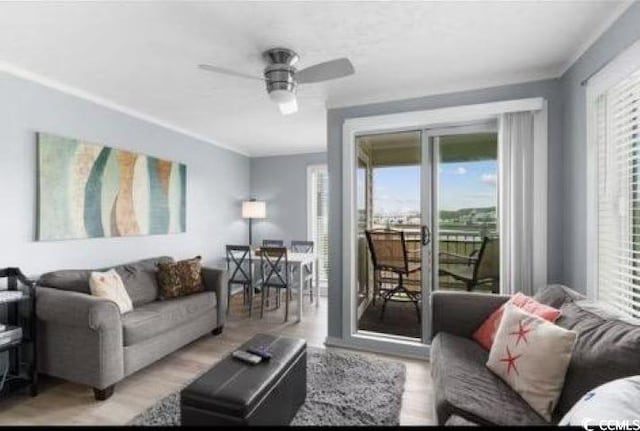 living room featuring ornamental molding and ceiling fan