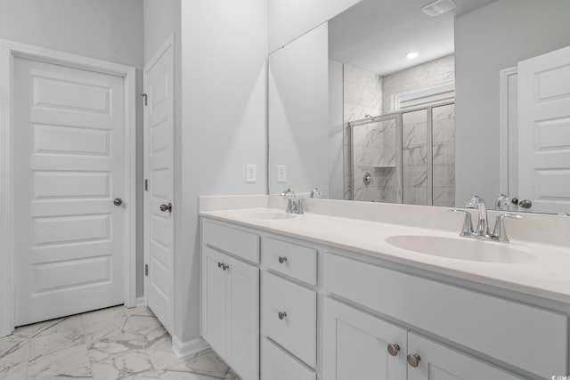 9746 Indigo Creek Blvd, Murrells Inlet, SC 29576 - bathroom with marble finish flooring, a stall shower, and double vanity