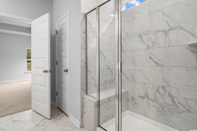 9746 Indigo Creek Blvd, Murrells Inlet, SC 29576 - full bathroom featuring a stall shower, marble finish floors, and healthy amount of natural light